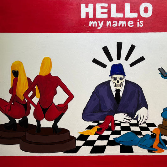 Acrylique sur toile
60 x 80 cm
La mort mène la danse sur un échiquier de désirs.
Des figures féminines rouges et bleues, offertes en sacrifice, deviennent des pions dans un jeu sans retour.
Échec et mat expose la vanité du pouvoir et la fragilité de l'illusion de contrôle.
Demander